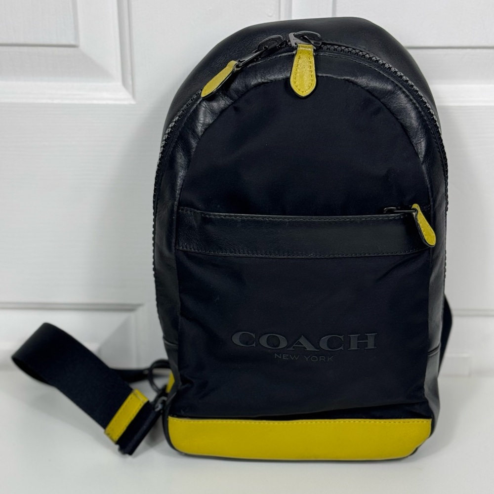 Coach‎ Black With Yellow Leather Sling Bag/ Crossbody Right Or Left Strap